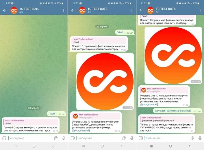 Забрасываем в бот пикчу, которая станет авой, указываем @names каналов и задаем время замены авы