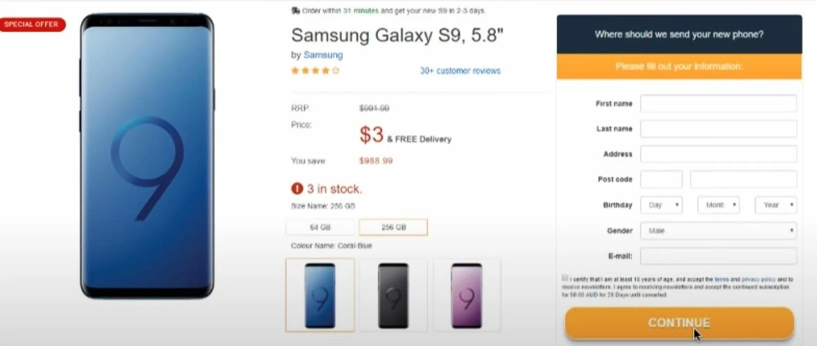 Лендинг, который обещает шанс выиграть Samsung Galaxy S9 за плату в 3$