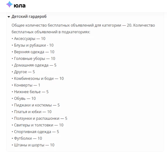 Лимиты для категории “Детская одежда”
