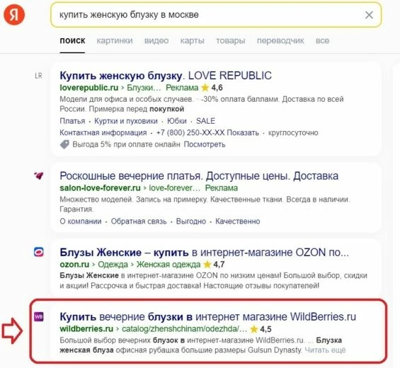 Пример рекламы WB на Яндекс. Директе