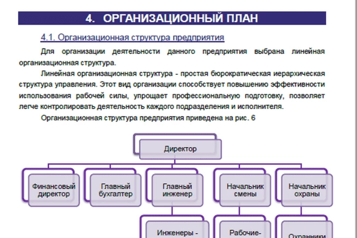Пример организационного плана для создания бизнес-плана