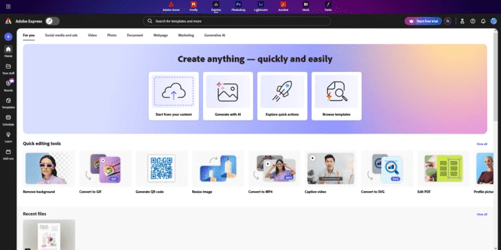 Главная страница Adobe Express