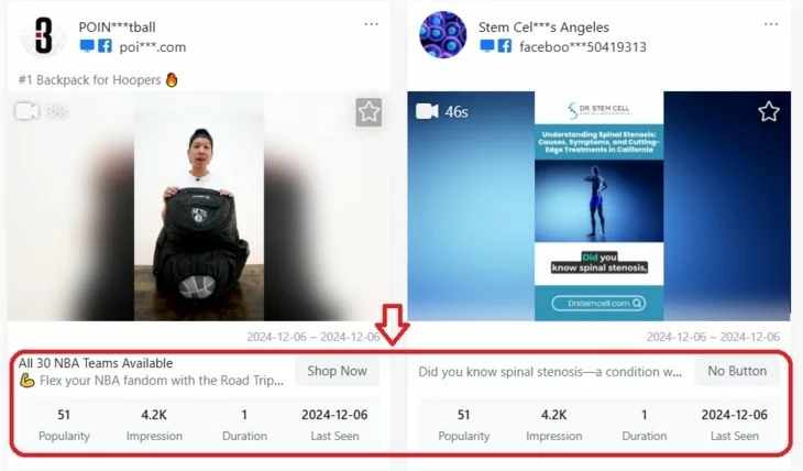 Например, в BigSpy можно смотреть популярность, вовлечение и другие показатели по каждому креативу