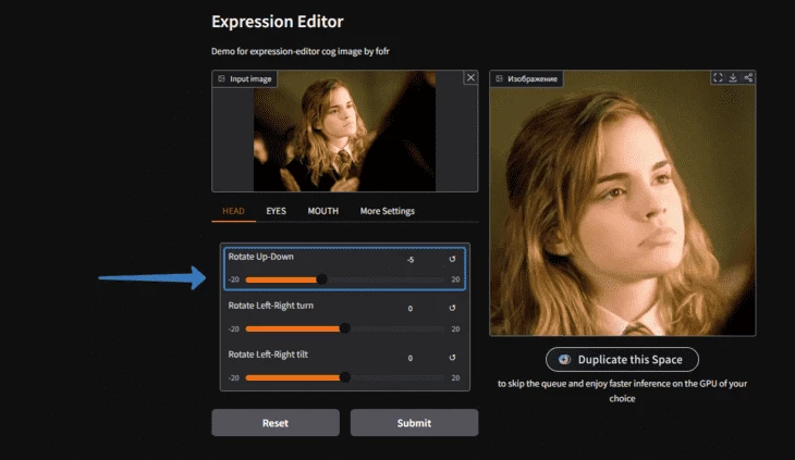 Изменение наклона головы в Expression Editor