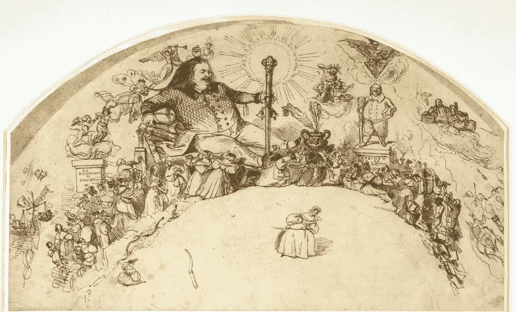 Жан Гранвиль «Апофеоз Бальзака», ок. 1835 года. На переднем плане в окружении персонажей «Человеческой комедии» великан-писатель с одной из своих тростей. Париж, дом-музей Бальзака