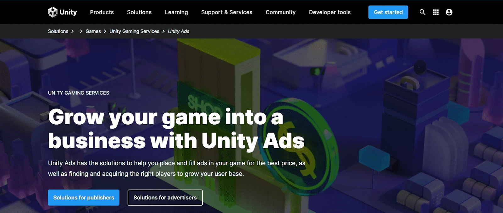 Страница рекламной сети Unity Ads