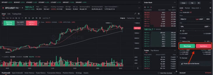 Размещение кнопок выбора позиции рынка — long/short 