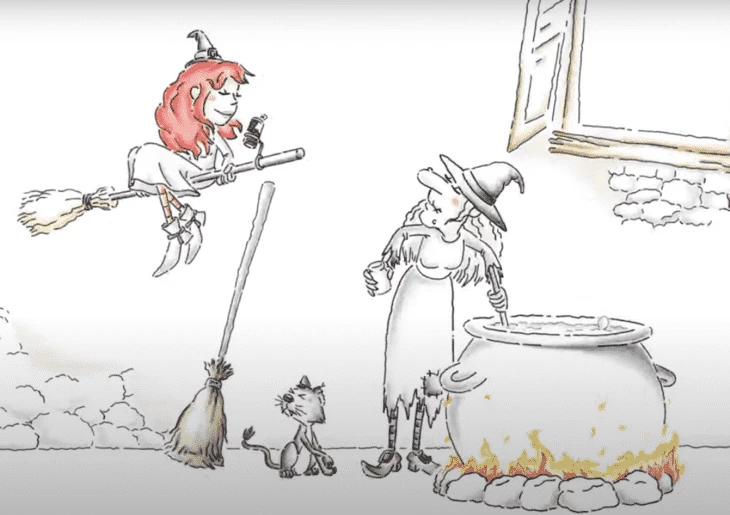 “Red Bull gives you wings” cartoon commercial with witches