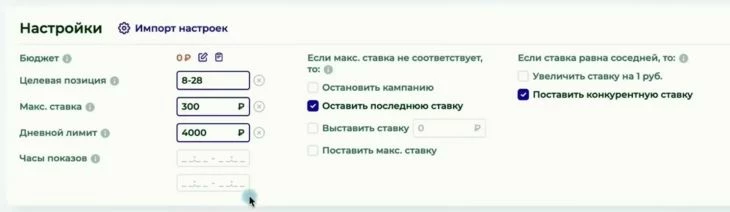 Пример настроек биддера для рекламы на Вайлдберриз