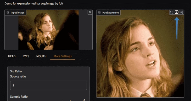 Значок «Download» для загрузки сгенерированного изображения в нейросети Expression Editor