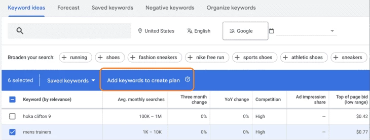 Add keywords to create plan