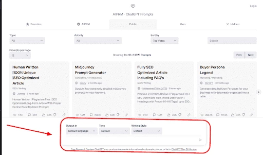 Интерфейс chat gpt с надстройкой AIPRM