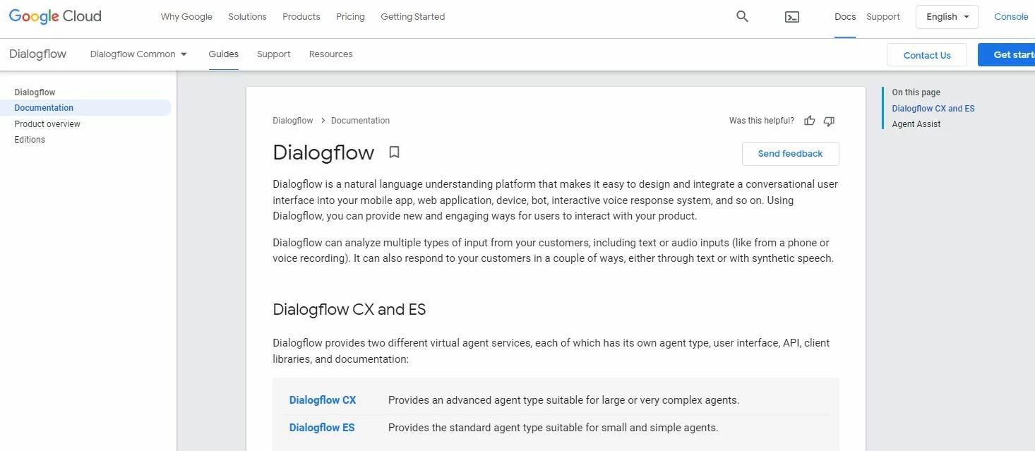 Главная страница сервиса Dialogflow