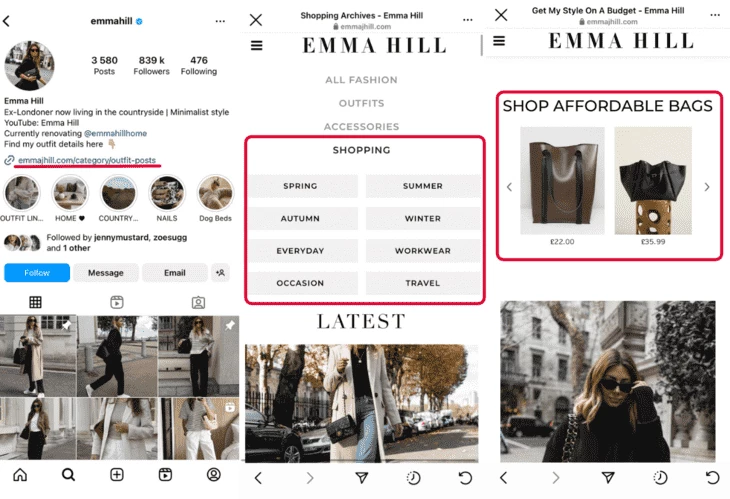 Example of a link in profile bio that forwards to a personal blog with shopping collections including affiliate links
