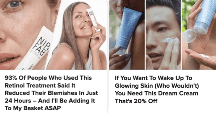 Examples of teaser ads for beauty products