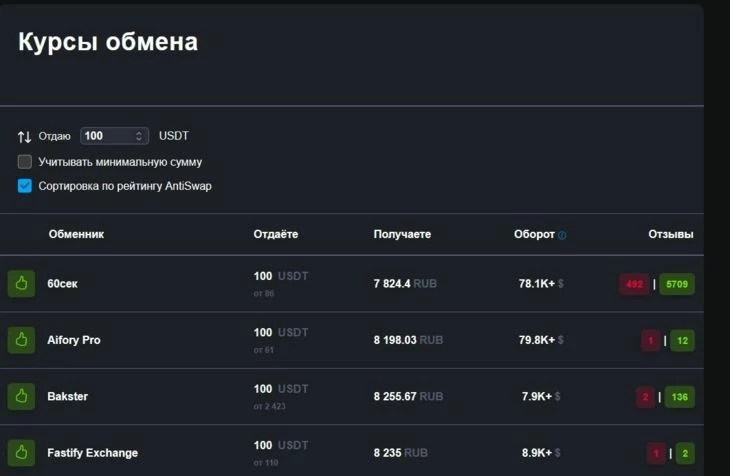 Интерфейс выбора обменника