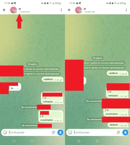 Видим, что спустя заданное время его тоже кикнуло… Теперь отвязываем бота от чата командой /delkick
