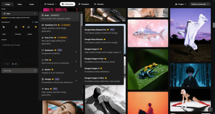Пример моделей генерации для изображения в сервисе Freepik