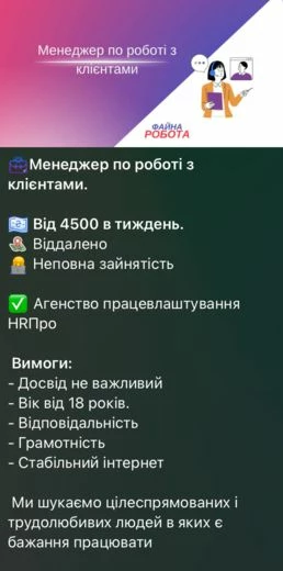 Перевод: «Опыт не важен; возраст от 18 лет; ответственность; грамотность; стабильный интернет. Мы ищем целеустремленных и трудолюбивых людей, у которых есть желание работать».