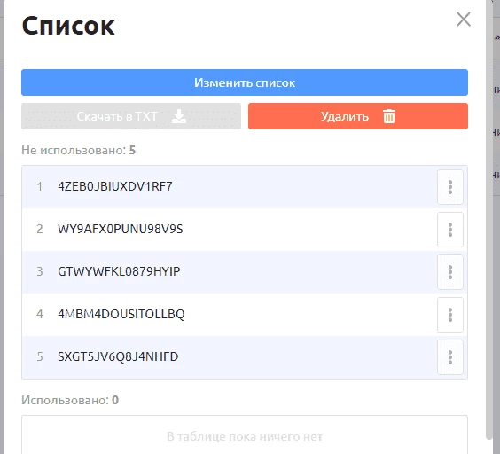 Список промокодов для магазина