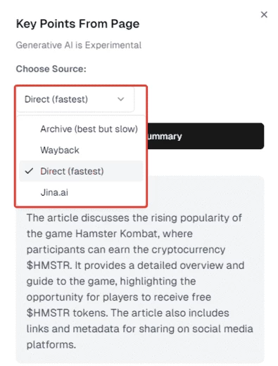 Пример выбора источника для анализа статьи нейросетью Smry.ai