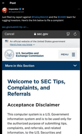 Жалоба в SEC на мошеннический запуск токена HAWK 