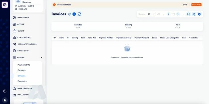 Раздел «Invoices»
