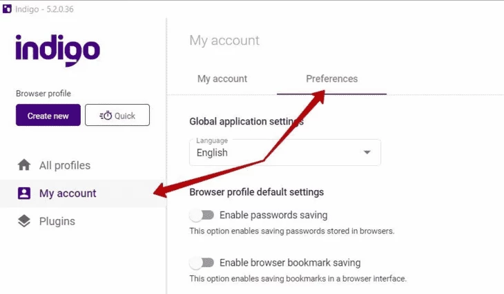 Indigo Browser settings
