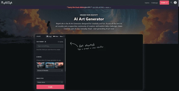 Главная страница нейросети NightCafe