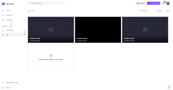 Создание папки для проектов в Clipchamp