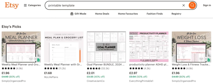 Catalogue of printable materials for sale on Etsy