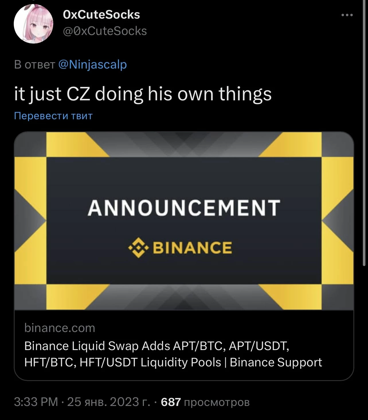 Твит криптопользователя: «CZ (владелец биржи Binance) явно занимается своим делом»