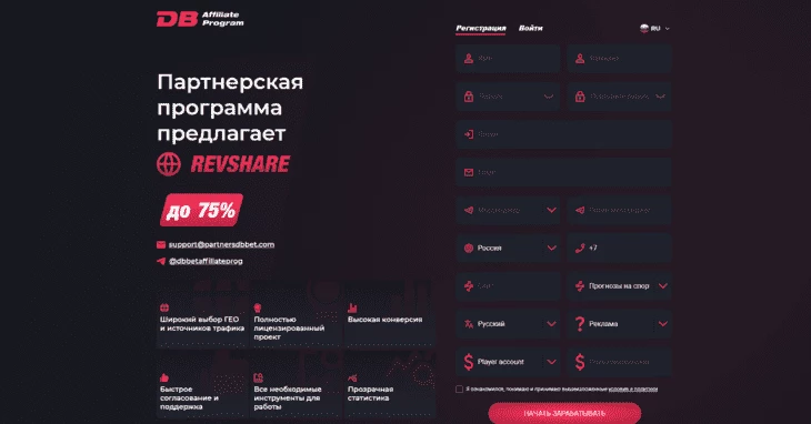Главная страница партнерки Dbbet Partners