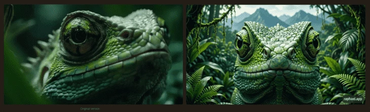Пример генерации за кредиты в Raphael. Слева — Midjourney справа — Raphael