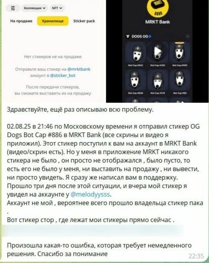 Скриншот запроса в поддержку