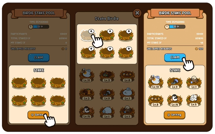 Принцип работы стейкинга Birdie в игре Egg Drop