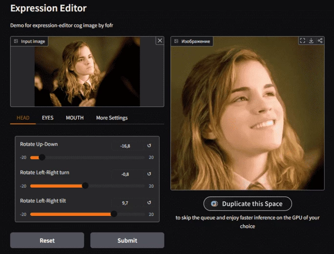 Пример изменения эмоций Гермионы с помощью нейросети Expression Editor