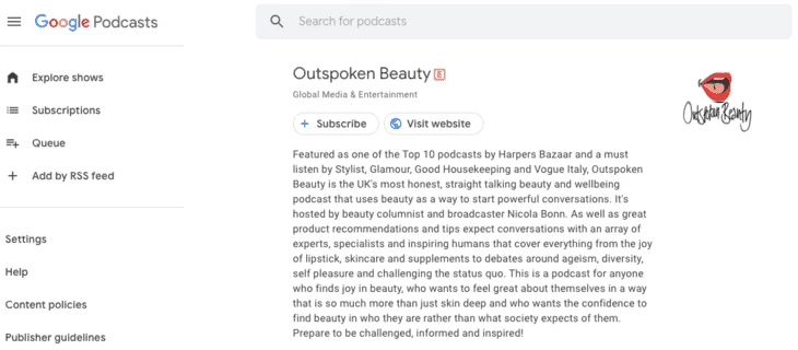 Example of a podcast with a link to their own website in the description section