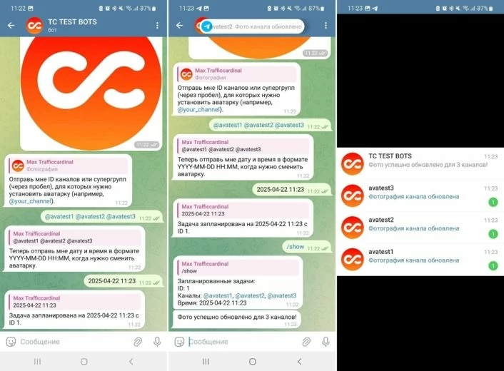 Видим, что в заданное время бот сменил каналам аватарки, — тестим дальше