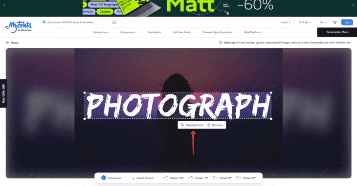 Кнопка «Identify font» для поиска шрифта в библиотеке WhatTheFont