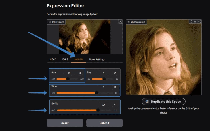 Настройка мимики губ для воссоздания эффекта улыбки в нейросети Expression Editor