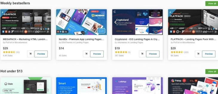 Catalogue of landing page templates