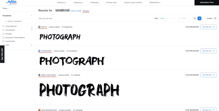 WhatTheFont нашел 90 похожих шрифтов, начиная с оригинала и заканчивая «родственными»