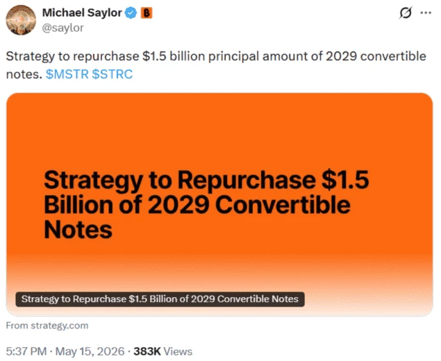 Пост Сэйлора в Х о намерениях Strategy выкупить конвертируемые облигации почти на $1,5 млрд