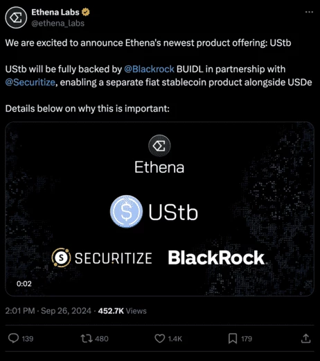 Твит  Ethena: «Мы рады объявить о новом продукте Ethena: UStb.  UStb будет полностью поддерживаться   @Blackrock. Будет создан в партнерстве с   @Securitize, что позволит выпускать отдельный фиатный стейблкоин наряду с USDe»