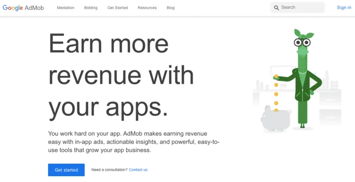 Google AdMob homepage