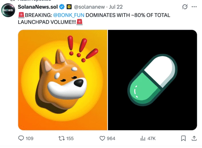 Пост в Х SolanaNews.sol о доминировании платформы LetsBonk — конкурента Pump.fun