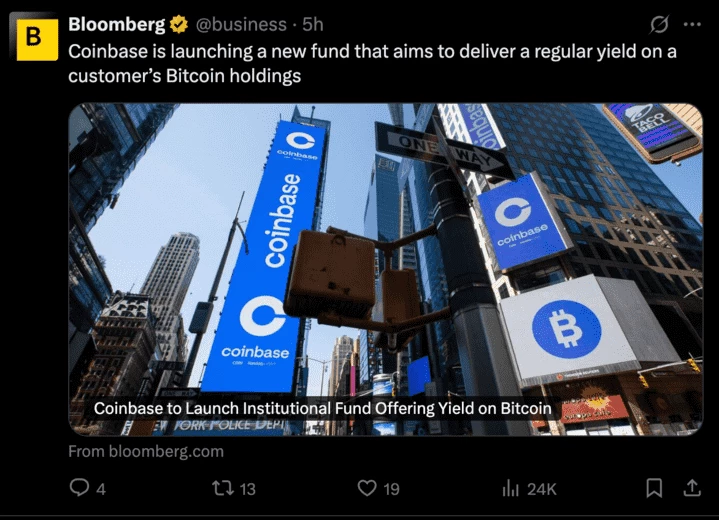 Твит Bloomberg о запуске Bitcoin Yield Fund