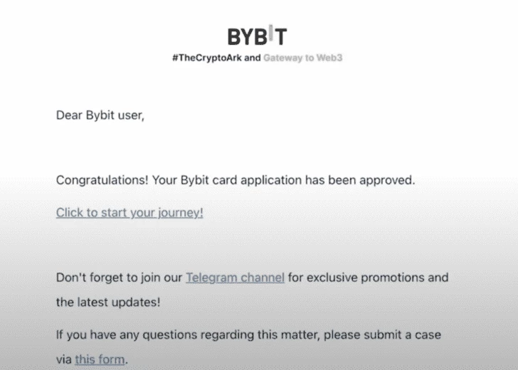 Письмо от Bybit со ссылкой перехода в раздел управления новой криптокартой.