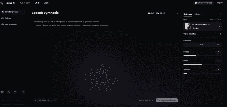 Минималистичная главная страница Hailuo AI Audio